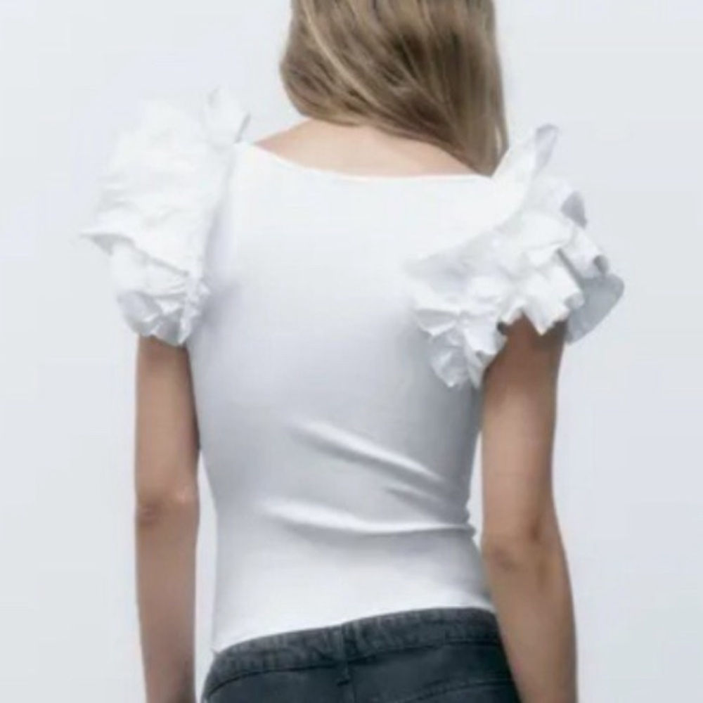 NWOT ZARA Ribbed Dramatic Layered Ruffle Sleeve Bodysuit - White - Sz M - Picture 5 of 8